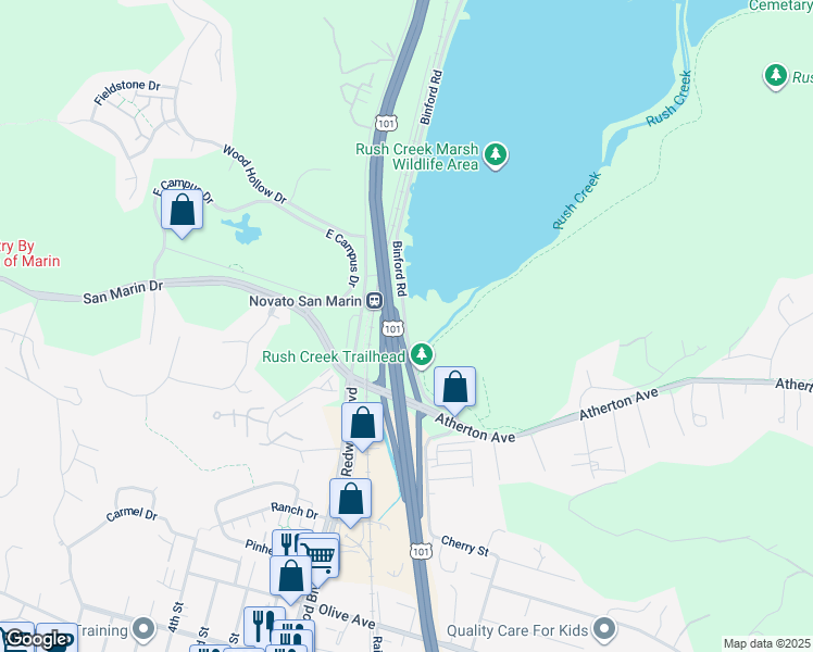 map of restaurants, bars, coffee shops, grocery stores, and more near 8082-8186 Binford Rd in Novato