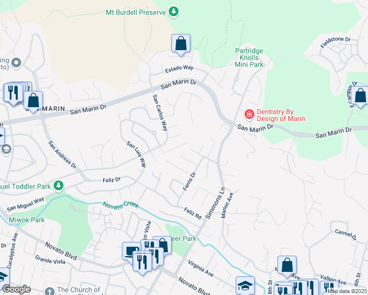 map of restaurants, bars, coffee shops, grocery stores, and more near 70 Lambert Way in Novato