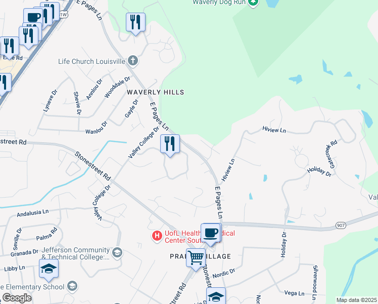 map of restaurants, bars, coffee shops, grocery stores, and more near 4412 Stone Wynde Drive in Louisville