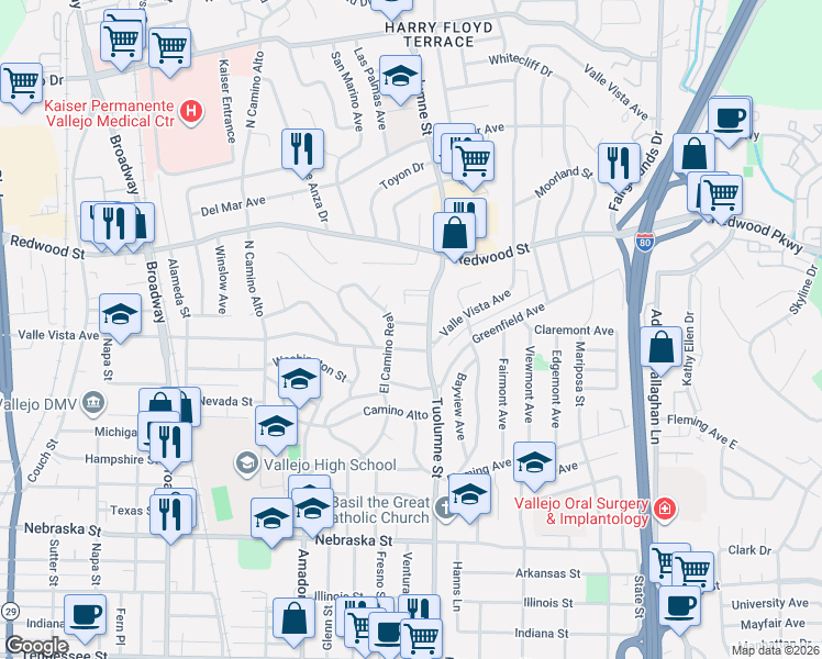 map of restaurants, bars, coffee shops, grocery stores, and more near 612 Valle Vista Avenue in Vallejo