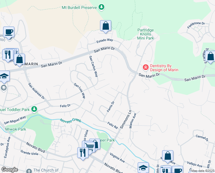 map of restaurants, bars, coffee shops, grocery stores, and more near 70 Lambert Way in Novato