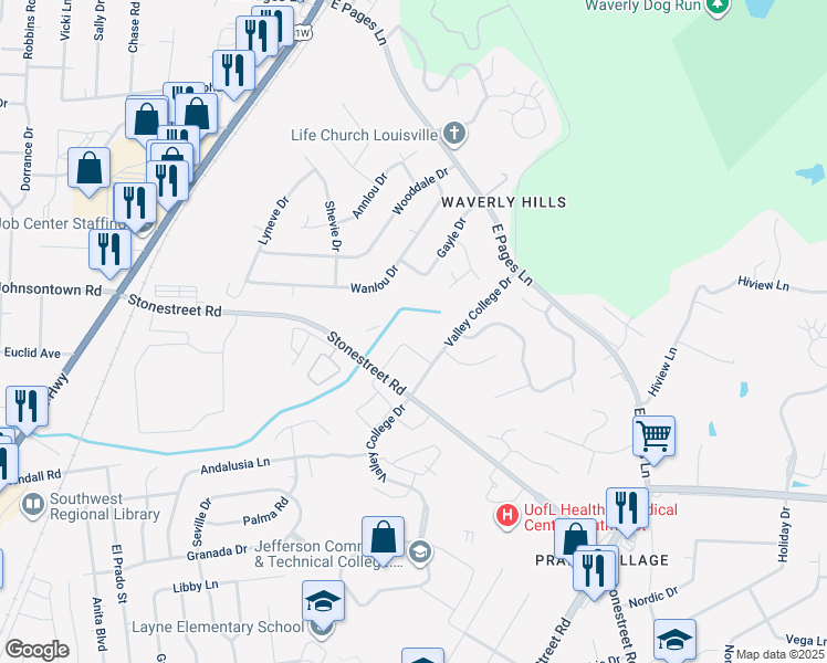 map of restaurants, bars, coffee shops, grocery stores, and more near 9301 Stonestreet Road in Louisville