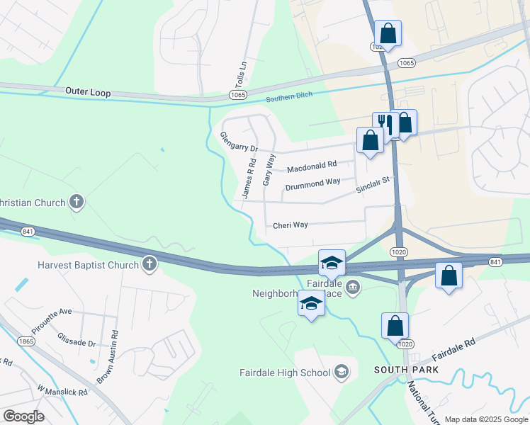 map of restaurants, bars, coffee shops, grocery stores, and more near 2574 Gary Way in Fairdale