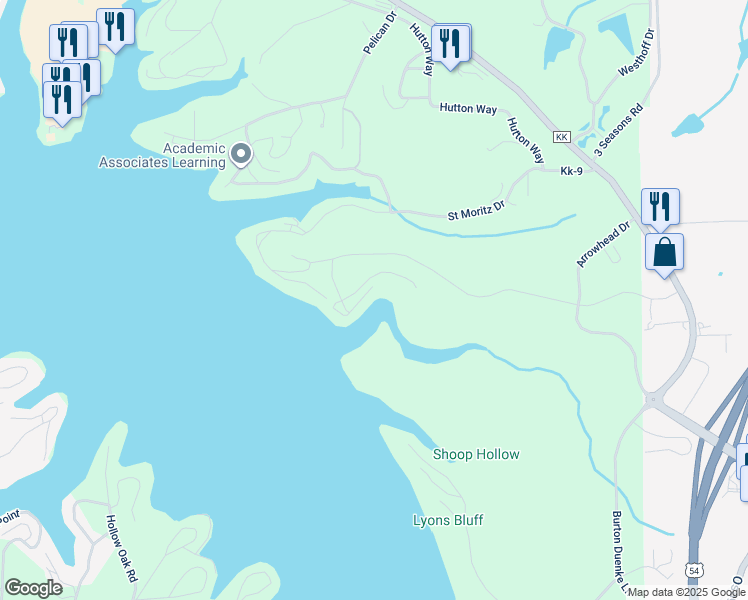 map of restaurants, bars, coffee shops, grocery stores, and more near Serene Court in Osage Beach