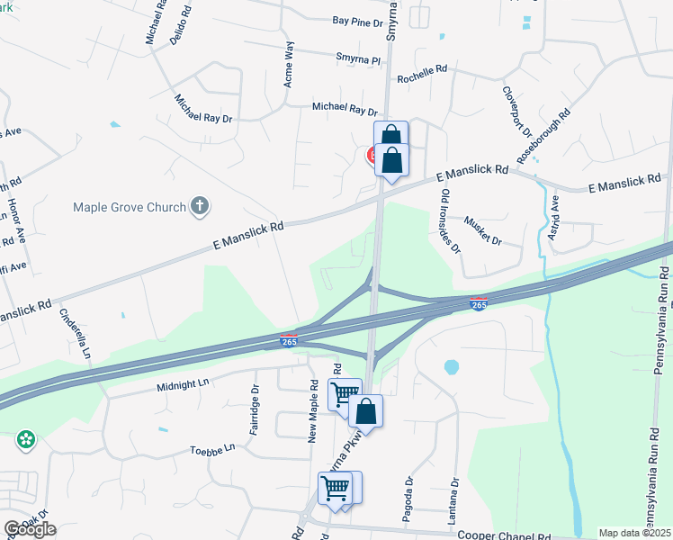 map of restaurants, bars, coffee shops, grocery stores, and more near 8806 Smyrna Parkway in Louisville