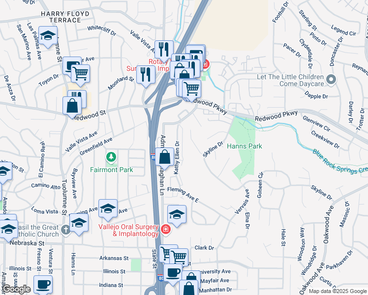 map of restaurants, bars, coffee shops, grocery stores, and more near 226 Kathy Ellen Drive in Vallejo