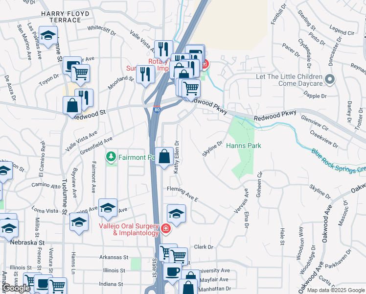 map of restaurants, bars, coffee shops, grocery stores, and more near 226 Kathy Ellen Drive in Vallejo