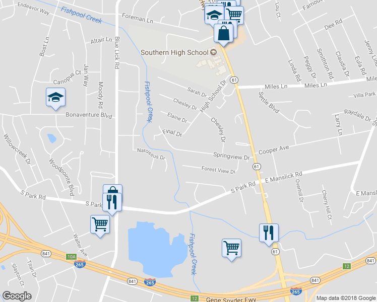 map of restaurants, bars, coffee shops, grocery stores, and more near 1085 Springview Drive in Louisville
