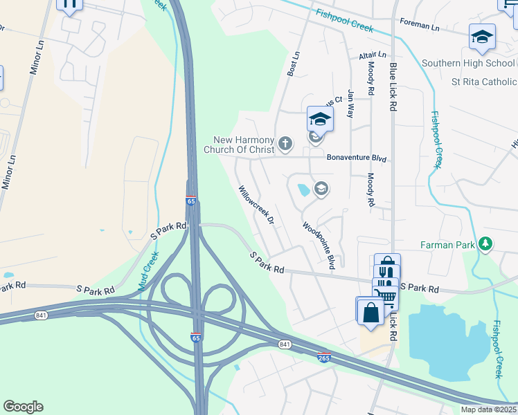 map of restaurants, bars, coffee shops, grocery stores, and more near Willowcreek Drive in Louisville