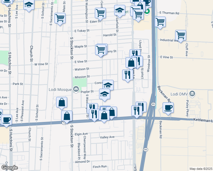 map of restaurants, bars, coffee shops, grocery stores, and more near 1036 Central Avenue in Lodi
