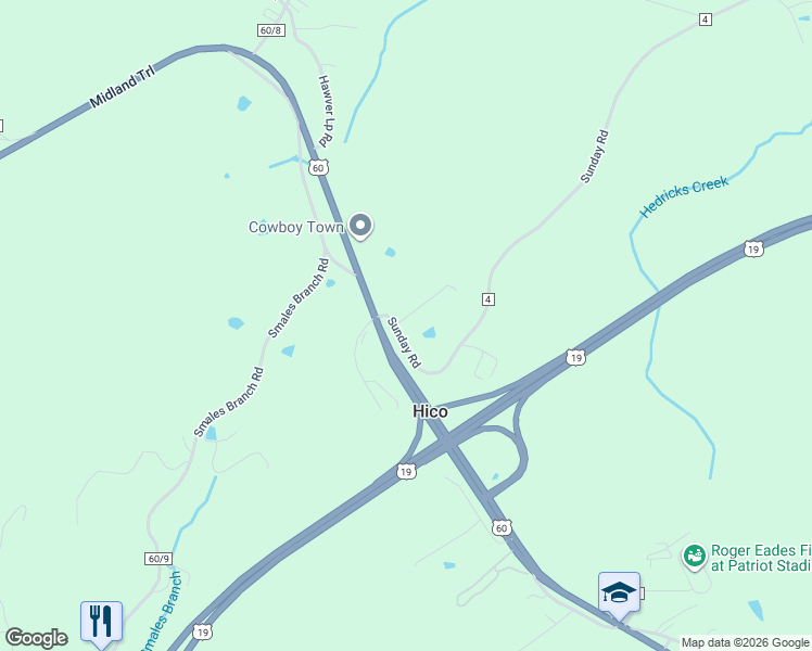 map of restaurants, bars, coffee shops, grocery stores, and more near 87 Sunday Road in Hico