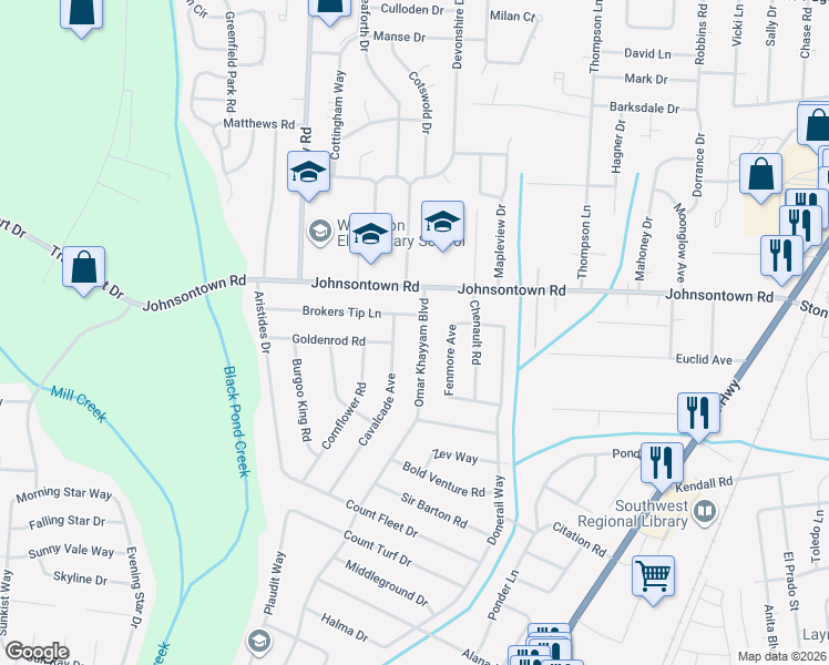map of restaurants, bars, coffee shops, grocery stores, and more near 9216 Omar Khayyam Boulevard in Louisville
