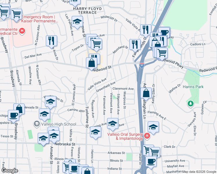 map of restaurants, bars, coffee shops, grocery stores, and more near 246 Fairmont Avenue in Vallejo