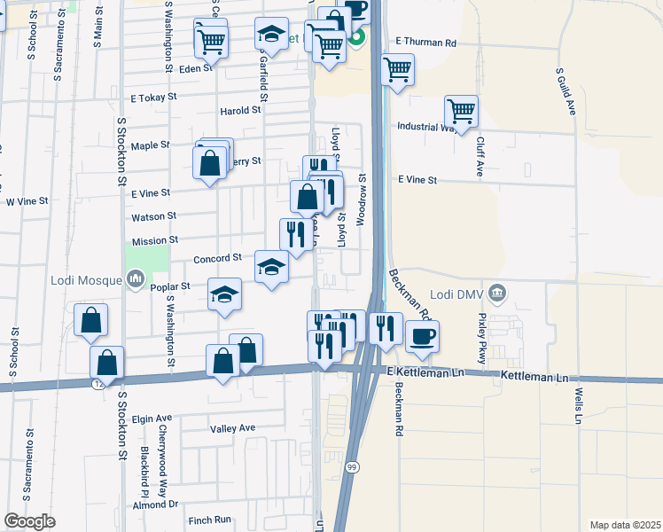 map of restaurants, bars, coffee shops, grocery stores, and more near 1130 South Cherokee Lane in Lodi