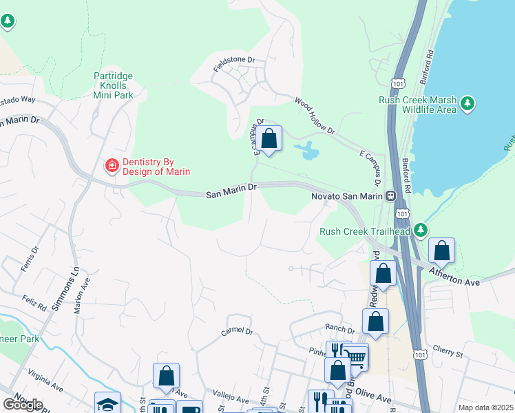 map of restaurants, bars, coffee shops, grocery stores, and more near 60 Rockrose Way in Novato