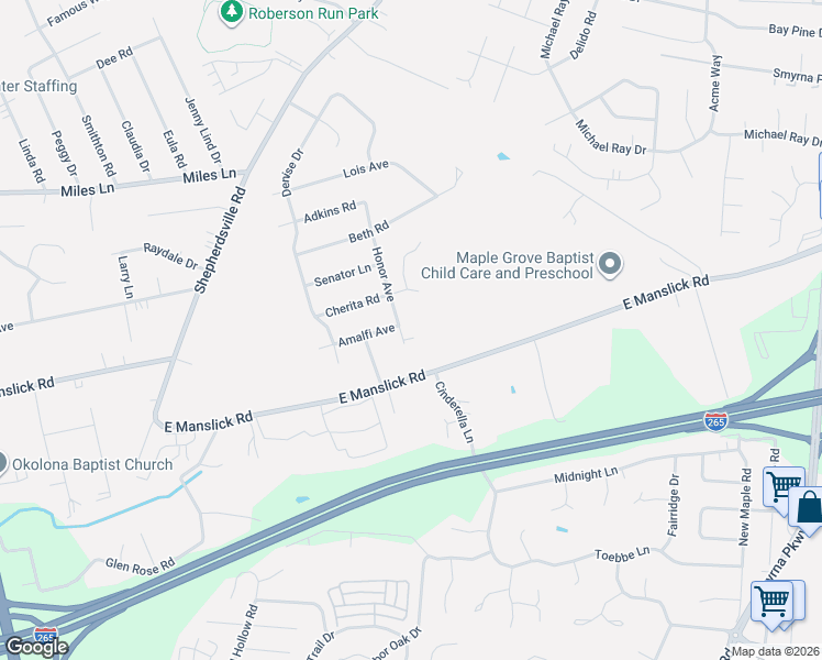 map of restaurants, bars, coffee shops, grocery stores, and more near 9009 Honor Avenue in Louisville