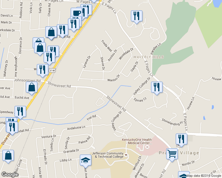 map of restaurants, bars, coffee shops, grocery stores, and more near 9119 Wanlou Drive in Louisville