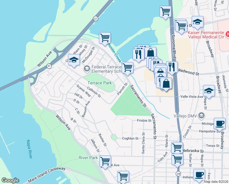 map of restaurants, bars, coffee shops, grocery stores, and more near 5 Rodgers Street in Vallejo