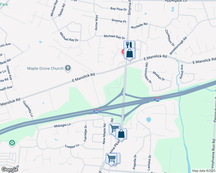 map of restaurants, bars, coffee shops, grocery stores, and more near 8806 Smyrna Parkway in Louisville