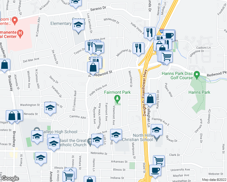 map of restaurants, bars, coffee shops, grocery stores, and more near 272 Viewmont Avenue in Vallejo