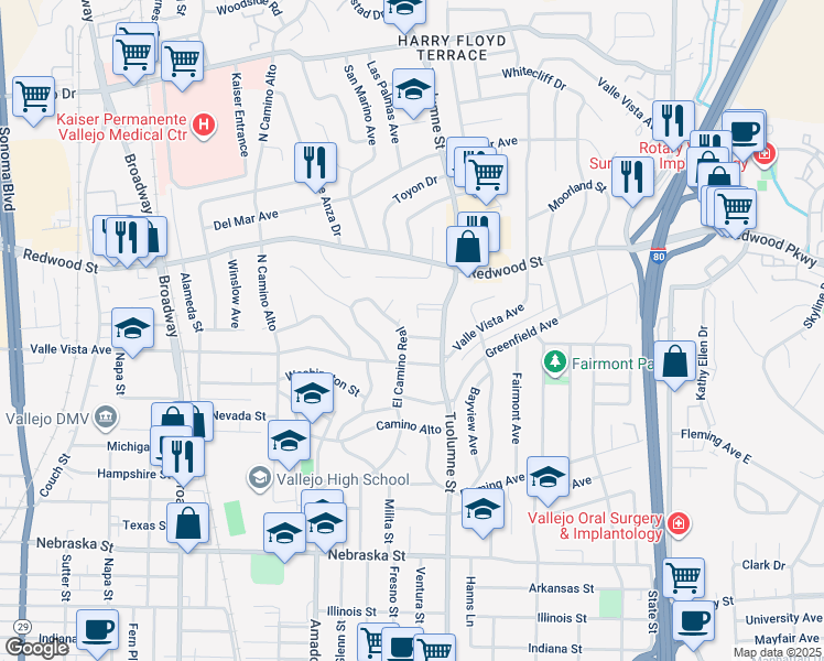 map of restaurants, bars, coffee shops, grocery stores, and more near 608 La Cadena Street in Vallejo