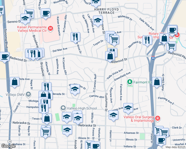 map of restaurants, bars, coffee shops, grocery stores, and more near 332 El Camino Real in Vallejo