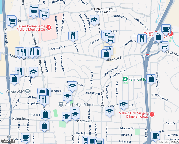 map of restaurants, bars, coffee shops, grocery stores, and more near 332 El Camino Real in Vallejo