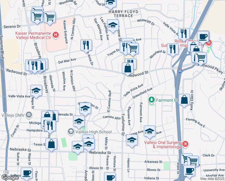 map of restaurants, bars, coffee shops, grocery stores, and more near 608 La Cadena Street in Vallejo