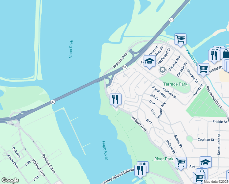 map of restaurants, bars, coffee shops, grocery stores, and more near 165 Lighthouse Drive in Vallejo