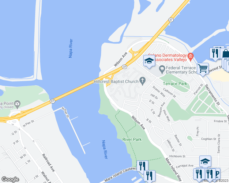 map of restaurants, bars, coffee shops, grocery stores, and more near 165 Lighthouse Drive in Vallejo