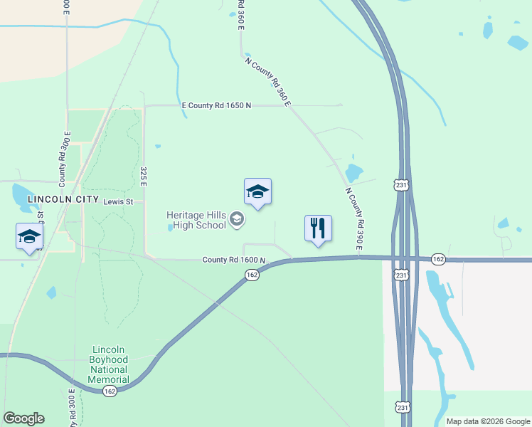 map of restaurants, bars, coffee shops, grocery stores, and more near 3644 East County Road 1600 North in Lincoln City