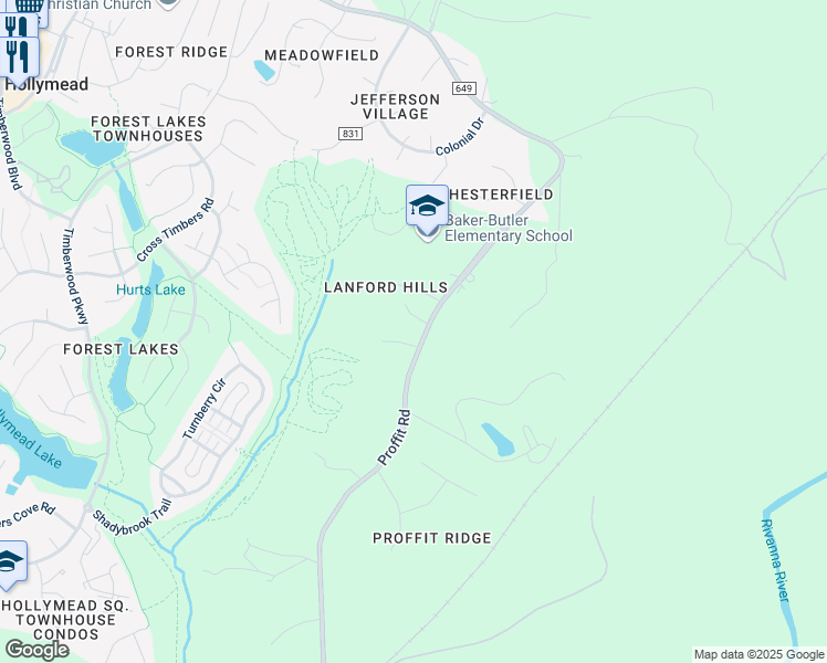 map of restaurants, bars, coffee shops, grocery stores, and more near 2636 Proffit Road in Charlottesville
