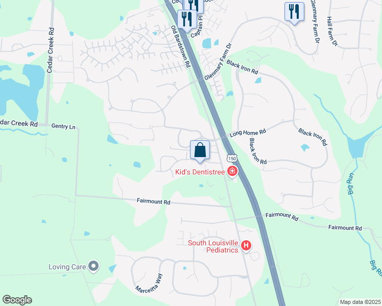 map of restaurants, bars, coffee shops, grocery stores, and more near 8601 Landwood Way in Louisville