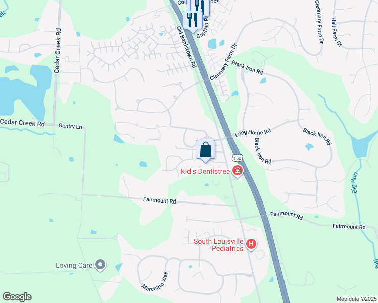map of restaurants, bars, coffee shops, grocery stores, and more near 8600 Landwood Way in Louisville