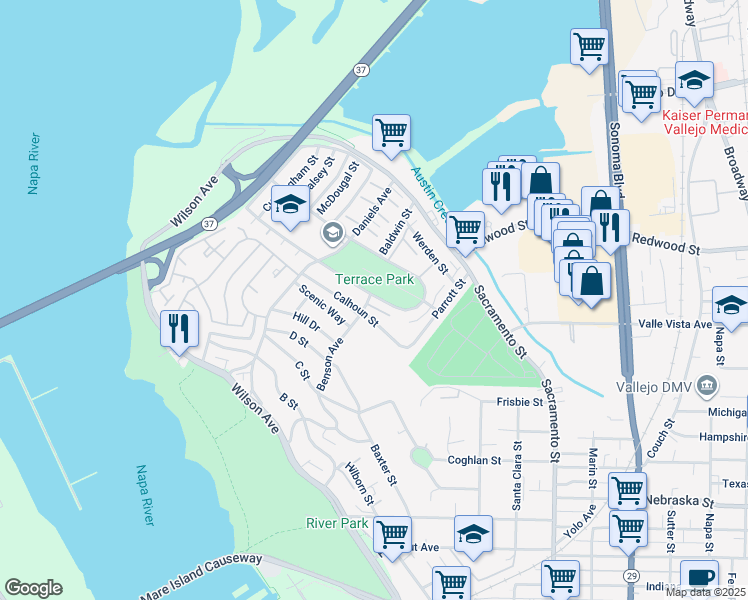 map of restaurants, bars, coffee shops, grocery stores, and more near 115 Rodgers Street in Vallejo