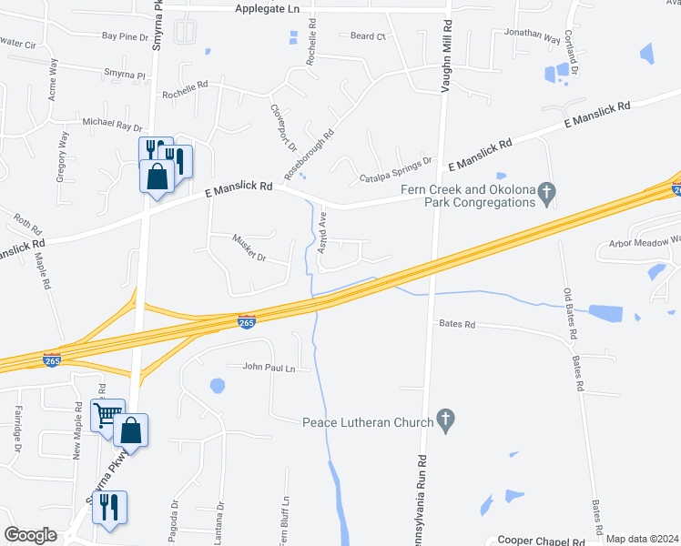 map of restaurants, bars, coffee shops, grocery stores, and more near 8804 Astrid Avenue in Louisville