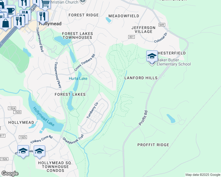 map of restaurants, bars, coffee shops, grocery stores, and more near 3104 Mollifield Lane in Charlottesville