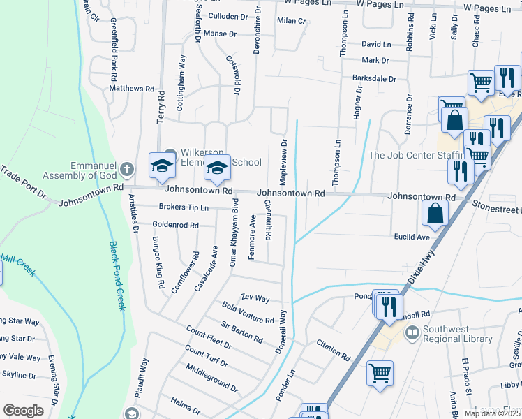 map of restaurants, bars, coffee shops, grocery stores, and more near 5413 Crambrook Avenue in Louisville