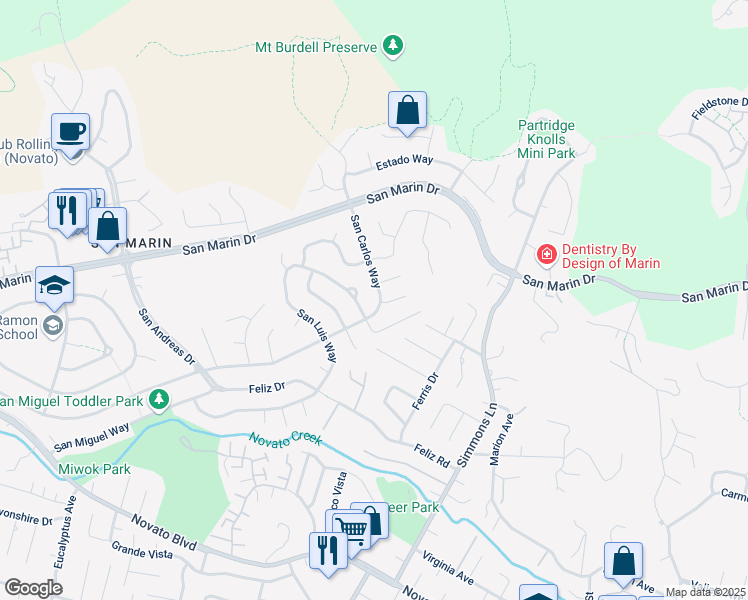 map of restaurants, bars, coffee shops, grocery stores, and more near 286 San Carlos Way in Novato