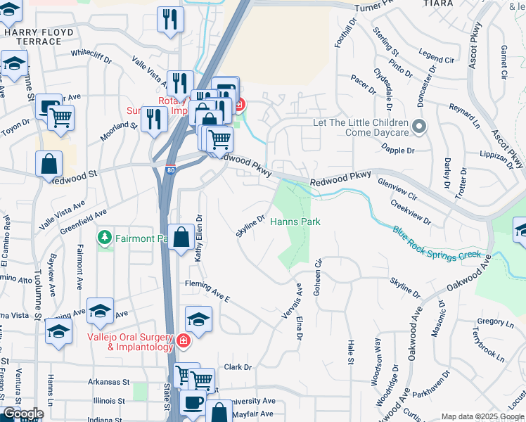 map of restaurants, bars, coffee shops, grocery stores, and more near 225 Skyline Drive in Vallejo