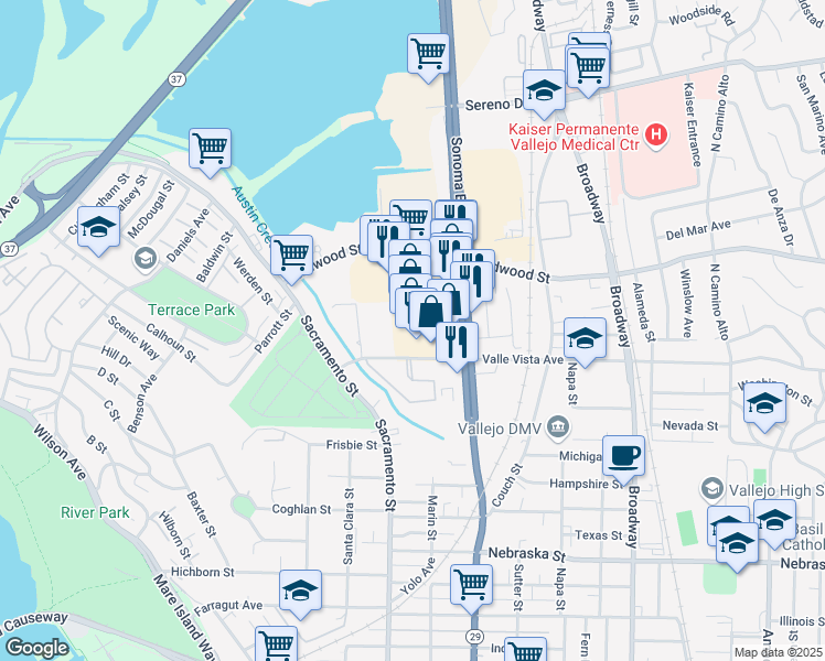 map of restaurants, bars, coffee shops, grocery stores, and more near 3355 Sonoma Boulevard in Vallejo