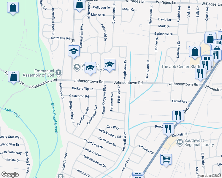 map of restaurants, bars, coffee shops, grocery stores, and more near 5413 Crambrook Avenue in Louisville