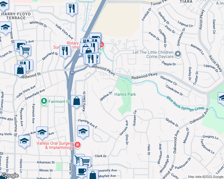 map of restaurants, bars, coffee shops, grocery stores, and more near 225 Skyline Drive in Vallejo