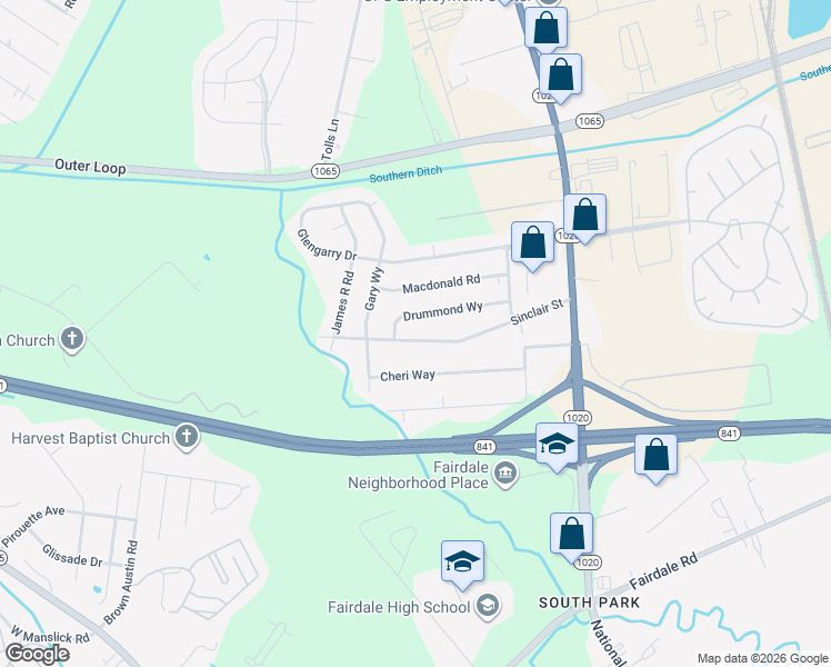map of restaurants, bars, coffee shops, grocery stores, and more near 604 Drummond Way in Louisville