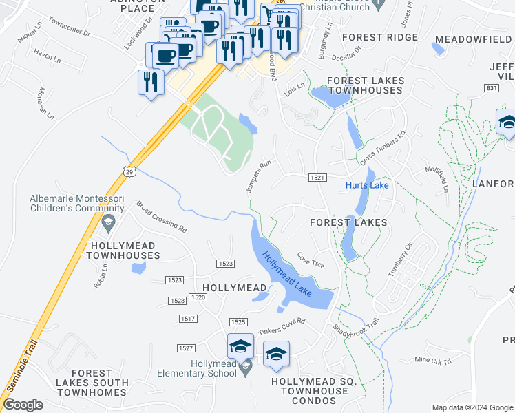 map of restaurants, bars, coffee shops, grocery stores, and more near 1700 Jumpers Run in Charlottesville