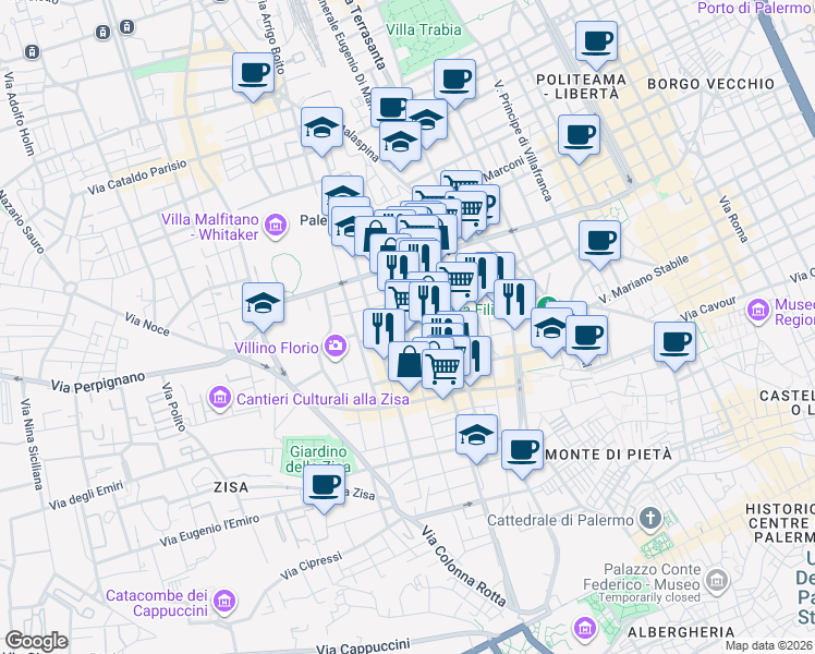 map of restaurants, bars, coffee shops, grocery stores, and more near 8 Via Villa Florio in Palermo