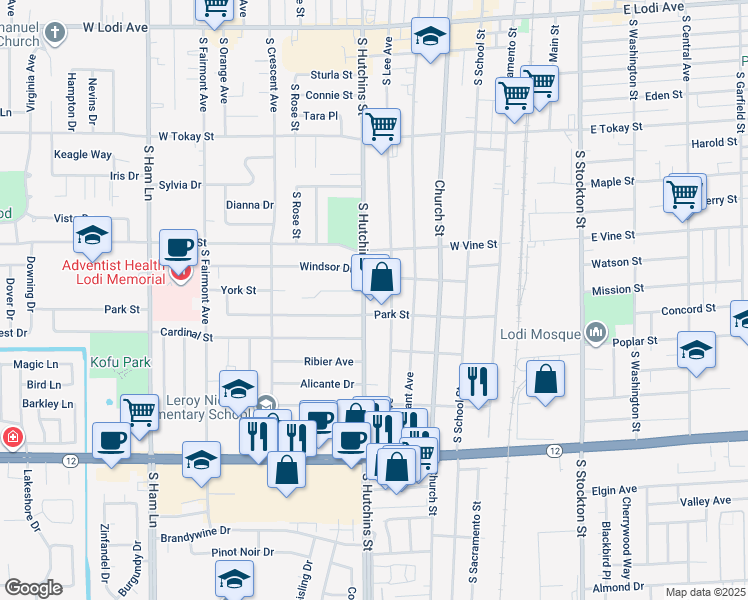 map of restaurants, bars, coffee shops, grocery stores, and more near 1011 South Lee Avenue in Lodi