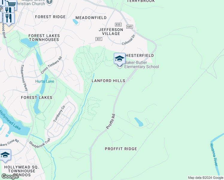 map of restaurants, bars, coffee shops, grocery stores, and more near 2636 Proffit Road in Charlottesville