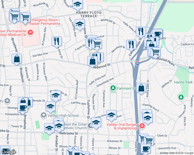 map of restaurants, bars, coffee shops, grocery stores, and more near 822 Valle Vista Avenue in Vallejo