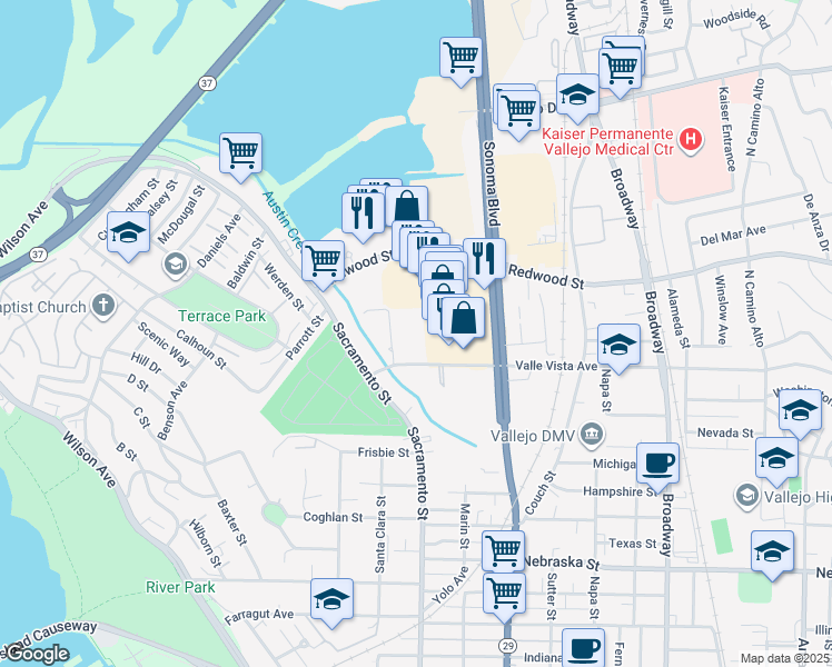 map of restaurants, bars, coffee shops, grocery stores, and more near 88 Valle Vista Avenue in Vallejo